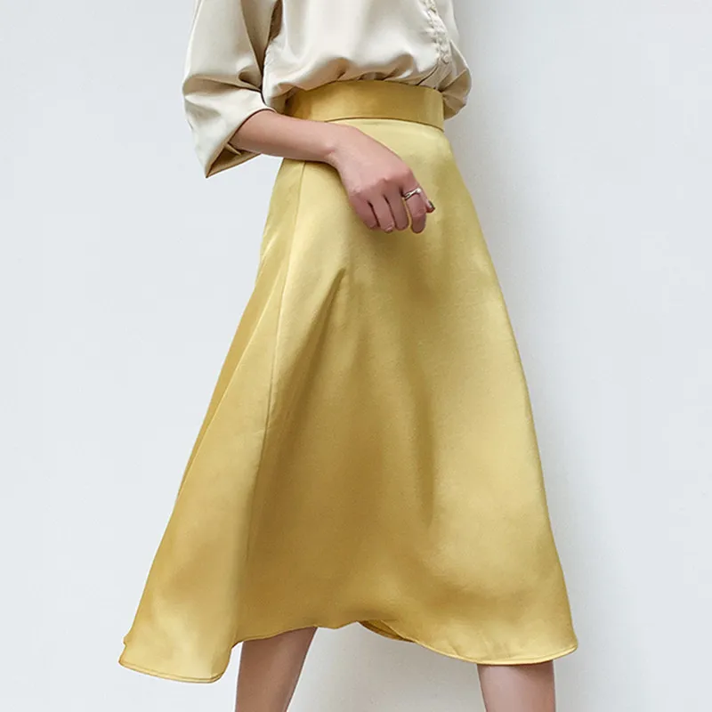 Elegant Korean Satin High Waist Silk Gold Midi Skirt For Women