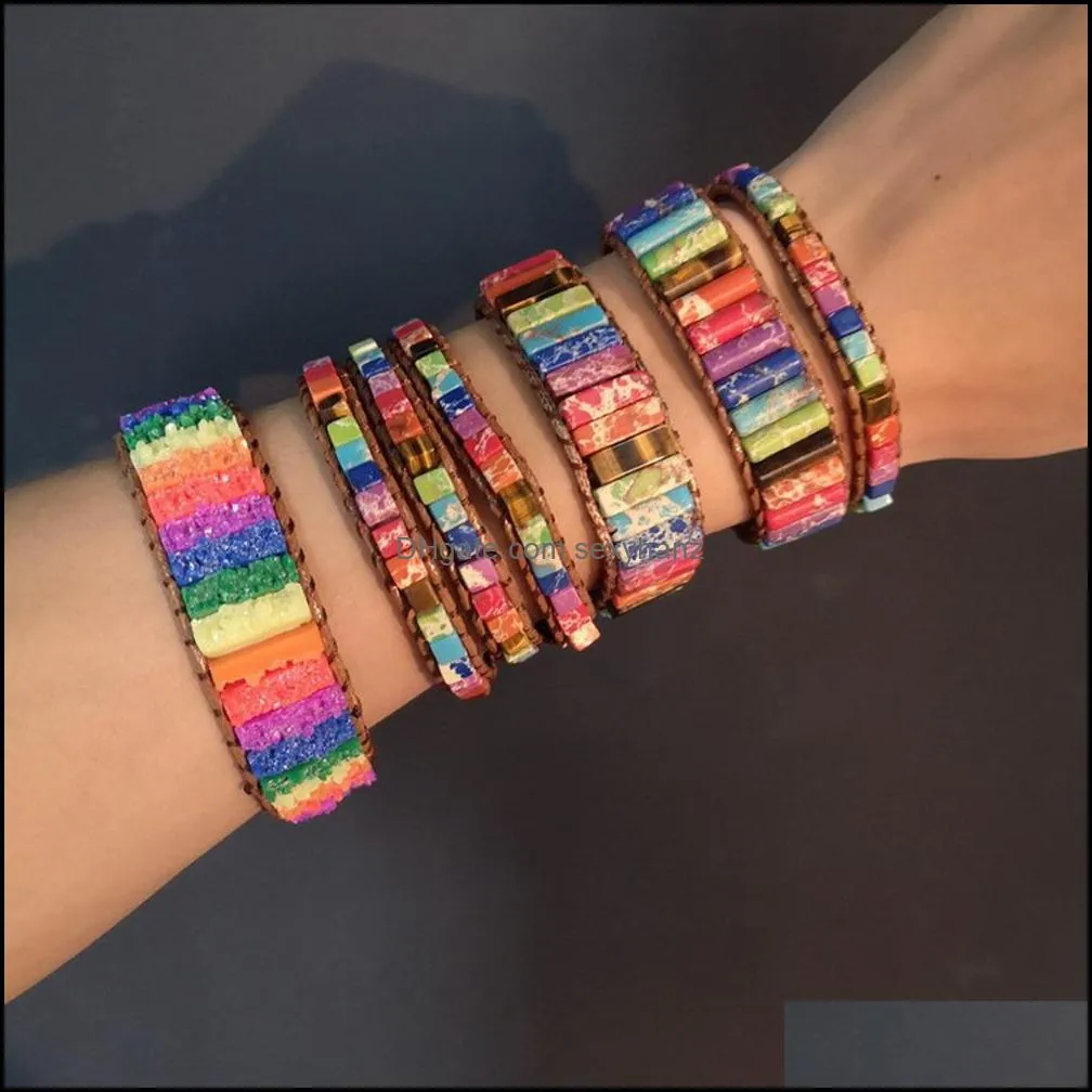 wholesale Bohemia Three layers square seven chakra strands emperor natural stone beads hand woven Bracelet accessories