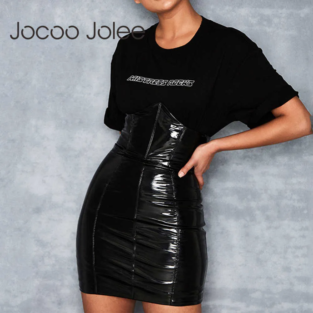 Jocoo Jolee Sexy High Waist PU Leather Skirt Women Black Chest Up Back Zipper Bodycon Mini Skirts Skinny Club Party Pencil Skirt 210619