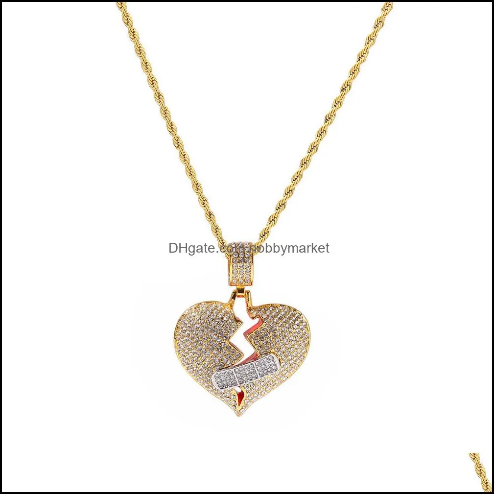 Broken Bandage Heart Necklaces Men`s Bling Crystal Iced out Love Pendant Gold Silver Twisted chain For women Hip hop Jewelry