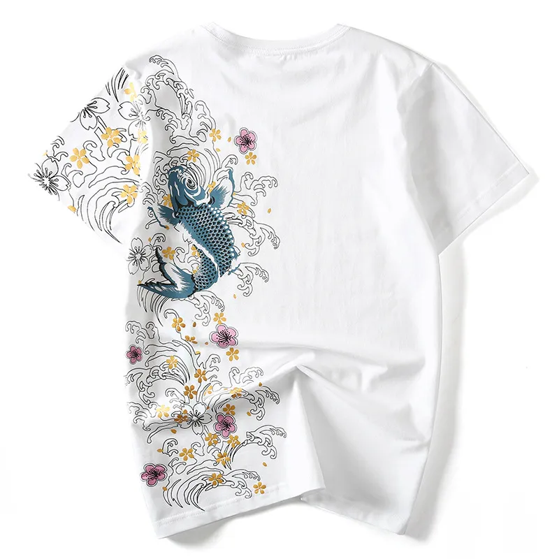 Stampa Ricamo T-Shirt Koi Fish White Tops Tees Summer Harajuku Men Hip Hop Tshirt Streetwear