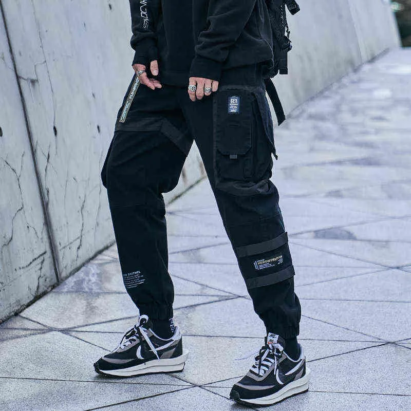 Duohropke Techwear Pantaloni da uomo Hip Hop Jogger Cargo Pants Baggy Giapponesi Streetwear Punk Pantaloni da lavoro Pantaloni sportivi con coulisse e tasche laterali, con fibbia, Nero , S