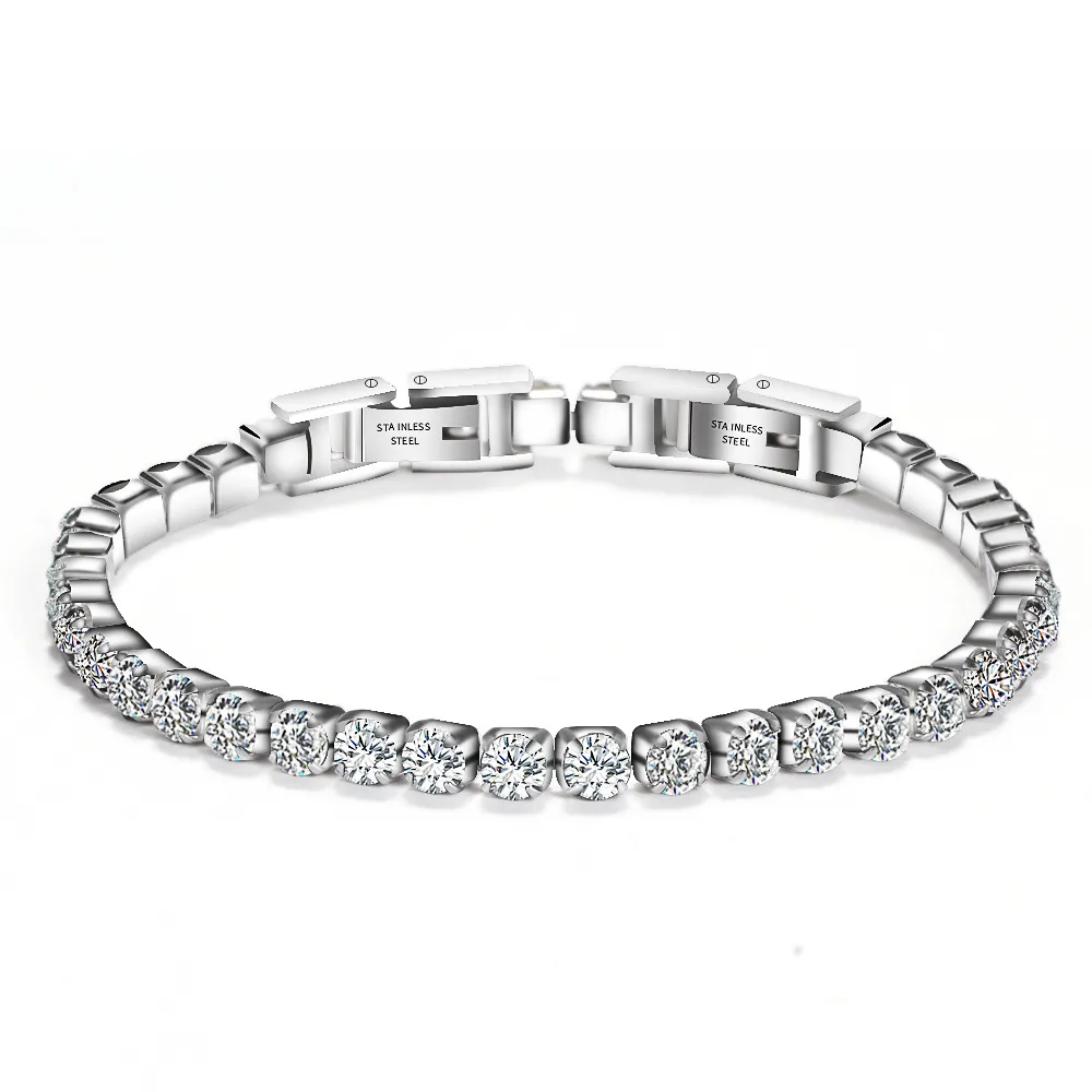 Femmes Acier Inoxydable Tennis Bracelet Cubique Zircone Pierres Cristaux Hip Hop Bijoux 19cm