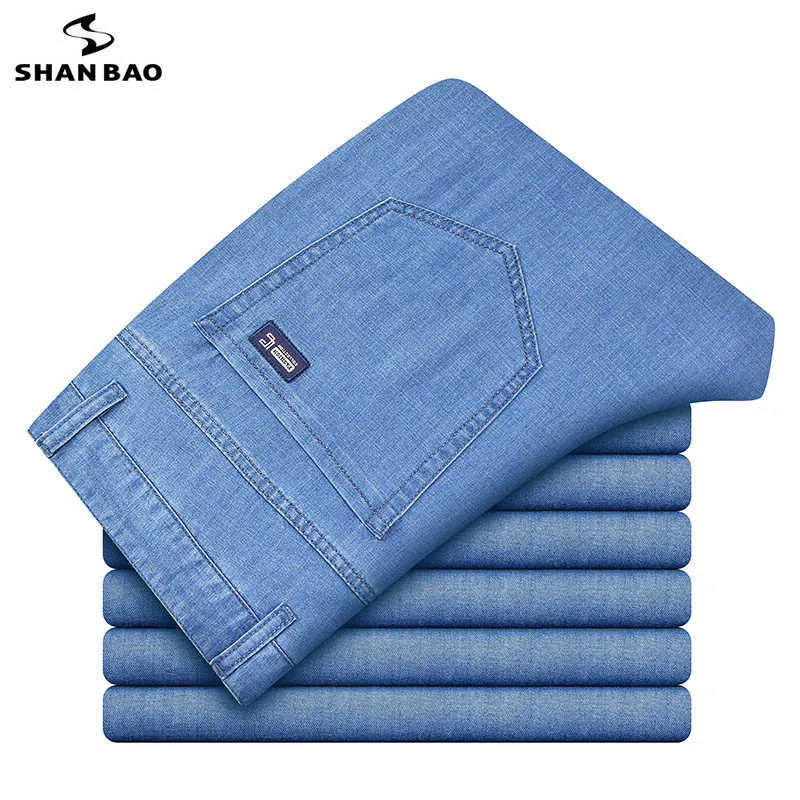 SHAN BAO Jeans in denim leggero e dritto allentato modale di alta qualità Jeans sottili a vita alta da uomo in stile classico estivo giovanile 210531