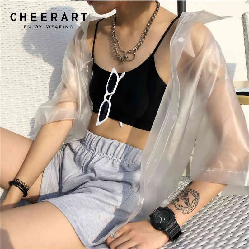 Imperméable à la pluie Streetwear chemise transparente femmes été Cardigan voir à travers hauts et chemisiers PVC haut ample Femme 210427