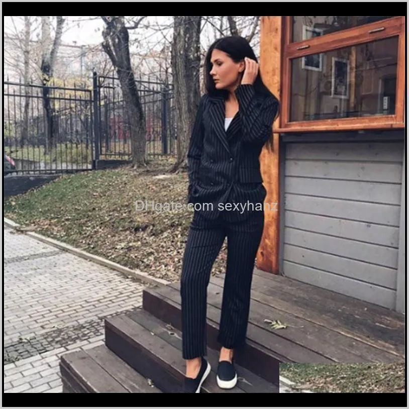 2020 fashion 2 piece sets pant suits double breasted stripe blazer jacket and straight pant office women outfits