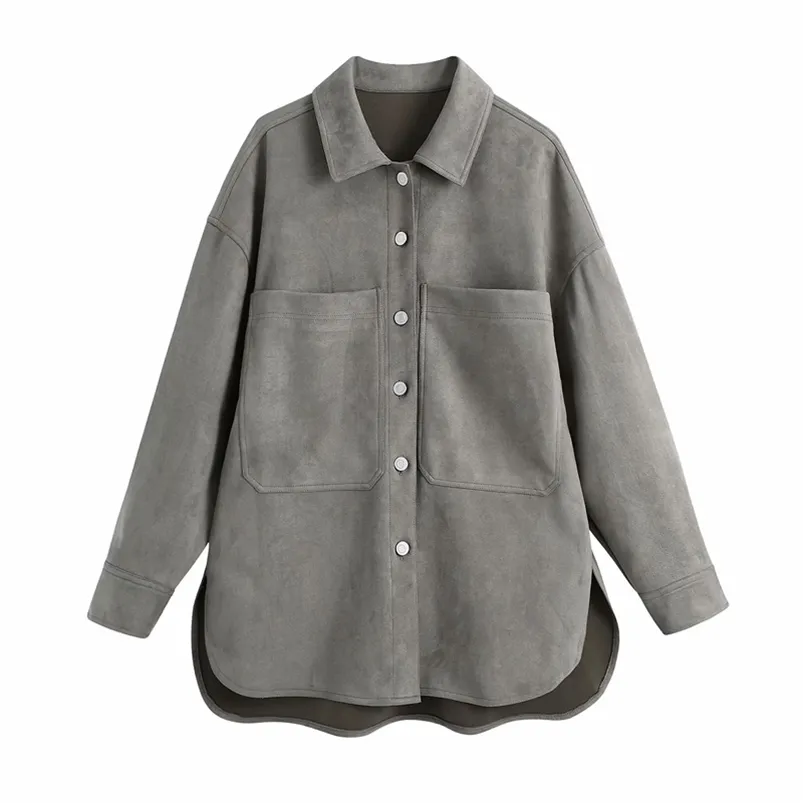 Kvinnor Höst Loose Shirts Jackor Coats Fickor Långärmad Sude Suede Fashion Street Kvinna Casual Jacket Ytterkläder Kläder 210513