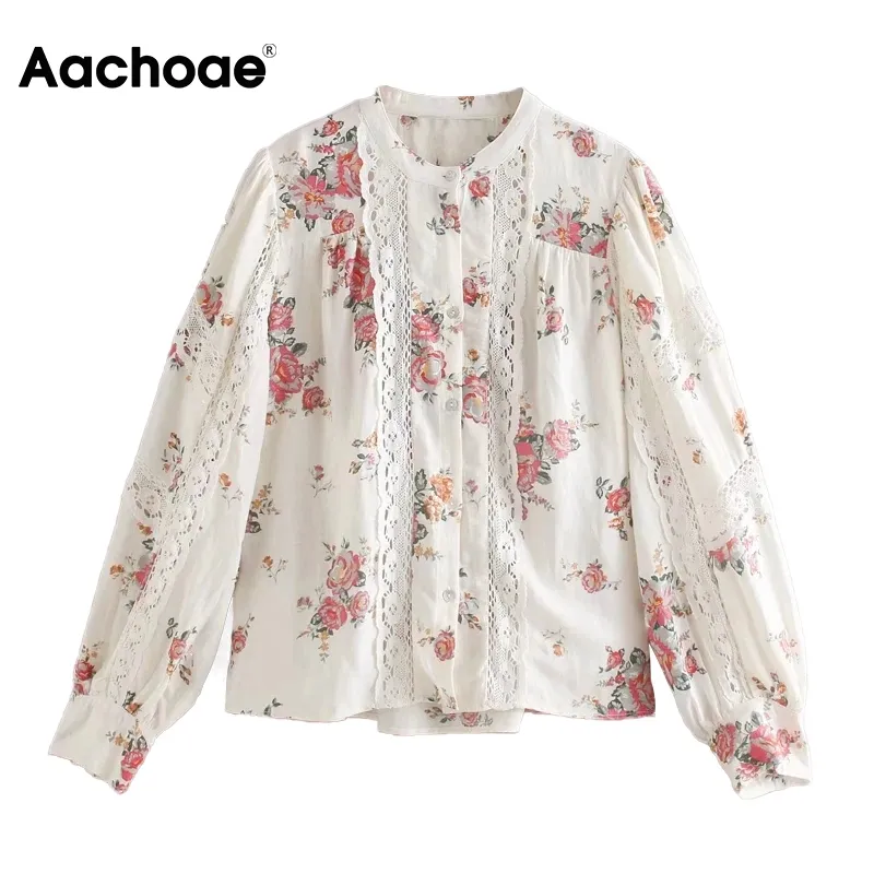 Aachoae Vintage Floral Frauen Bluse Hemd Spitze Patchwork Retro Damen Tops Plissee O Neck Print Weibliches Hemd Blusas Mujer 210413