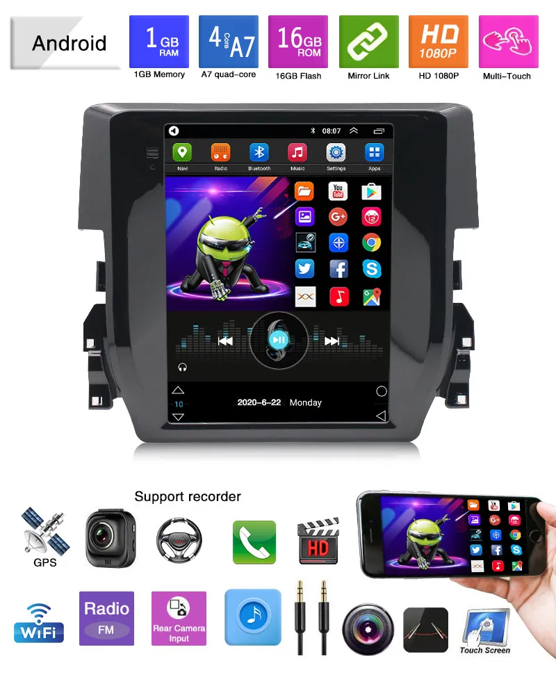 Samochodowy DVD Pionowy ekran dotykowy 2 DIN Stereo Player Android GPS Nawigacja dla Honda Civic-2016 Auto Radio Support Carplay OBD