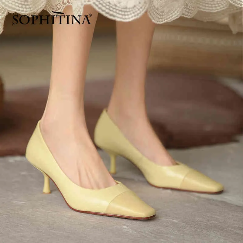 Sophitina Femmes Pumps Pierre Coucher Cuir Couture Couture Chaussures Classiques Carré Toe Stiletto TPR Chaussures femelles antidérapantes AO303 210513