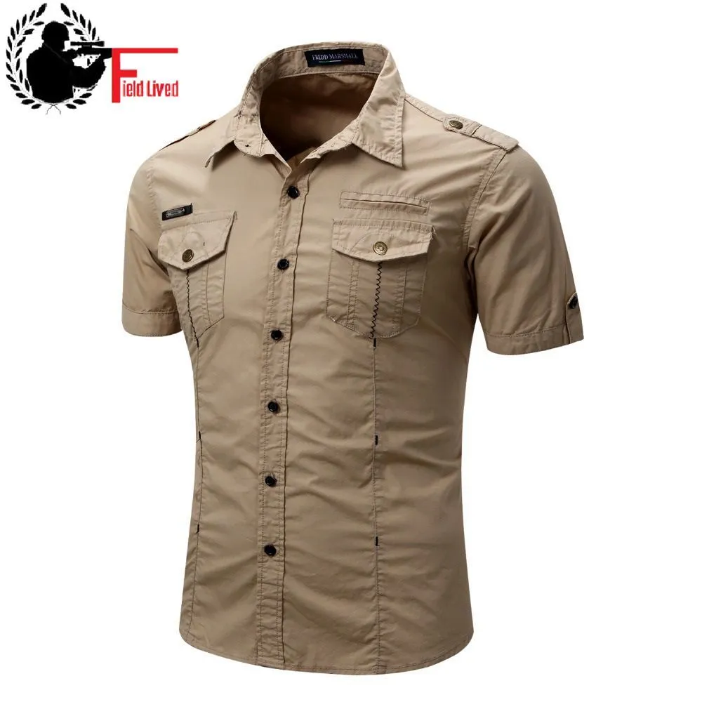 الرجال قميص قصير الأكمام قميص البضائع الأزياء عارضة الصيف موحدة نمط العسكرية القطن الصلبة الذكور عارضة قميص الكاكي رمادي 210518