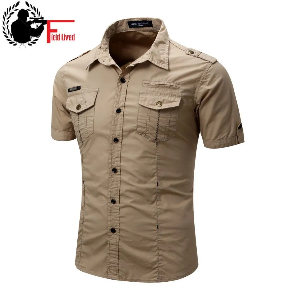 Men's Shirt Short Sleeve Cargo Shirt Fashion Casual Summer Uniform Military Style Cotton Solid Male Casual Shirt Khaki Grey 210518