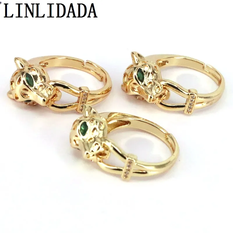 10 sztuk 2021 Moda Leopard Head Design Gold Color Cyrkon Biżuteria Ślubna Party Accessoriering Mężczyźni i Kobiety Otwórz Ring