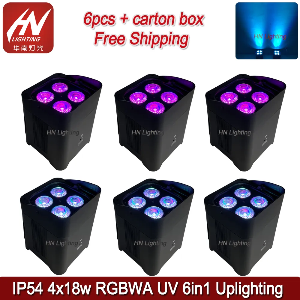 6 pcs Smart DJ Light Outdoor Outlighting 4 * 18 W RGBAWUV Bateria Alimentado Luzida Luzes Unida Sem Fio DMX PAR CASAMENTO PAR