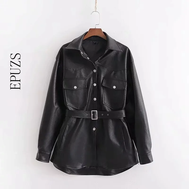 Autumn black Faux Leather Jackets women PU biker jacket zipper Streetwear Punk belt Motorcycle Coat ladies fur outwear 210521