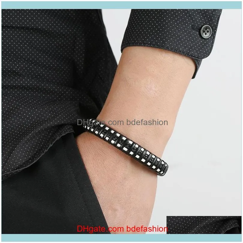 Charm Bracelets Punk Style Braided Leather Bracelet, Magnetic Stainless Steel Black/silver Color