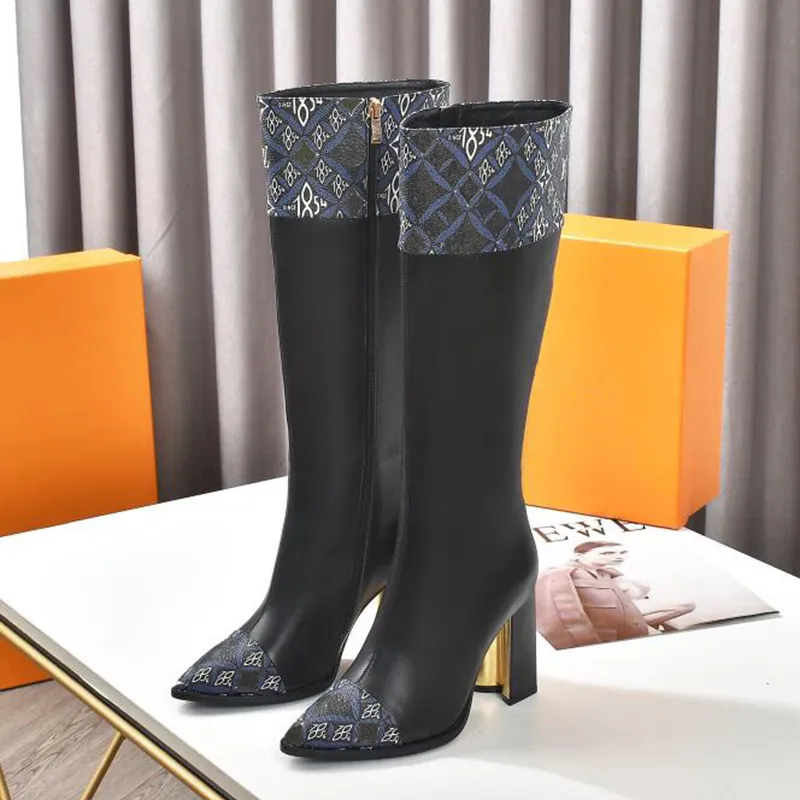 luxury brand designer thigh-high boots women fashion cowhide leather elastic over the knee boot 7.5cm chunky heels martin booties with box