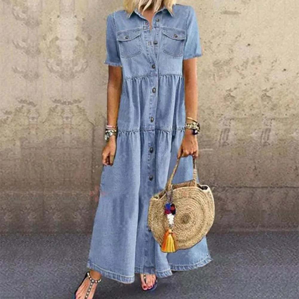 Plus Size 3xl Women Summer Denim Dress Retro Female Short Sleeve Turn Down Collar Pockets Button Long Loose Dresses