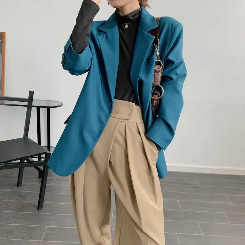 High quality autumn and winter women's casual solid color ladies blazer loose mid-length jacket small suit Female 210527