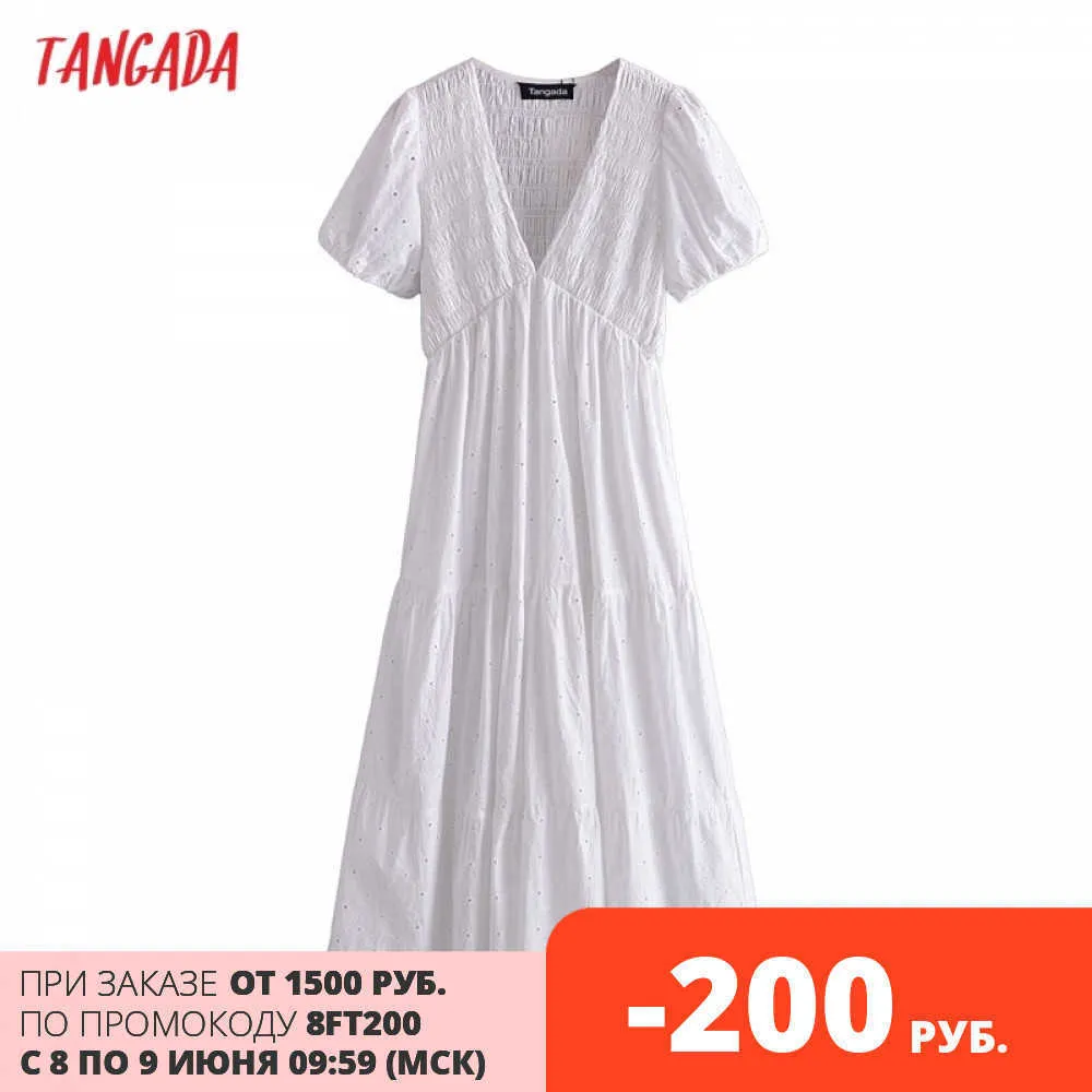 Tangada летние женщины белые вышивка романтические хлопчатобумажные длинные платья V шеи с короткими рукавами женские сарафрансы 3H09 210609
