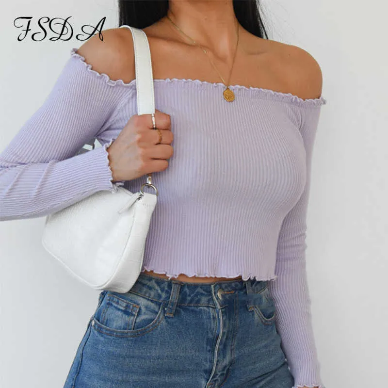 FSDA Jesień 2020 Lato z długim rękawem Crop Top Dzianiny Kobiety Ruffles Khaki Casual T Shirts Basic Off Ramię Sexy Top Koszula Y0629