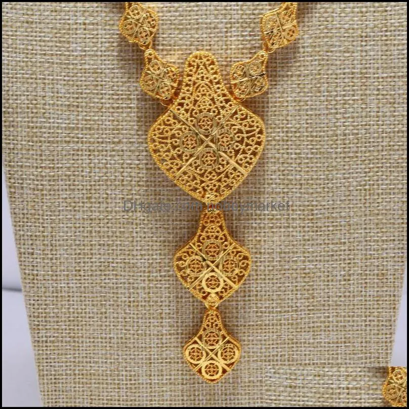 Dubai India Gold Color Jewelry Sets For Women African Flower Necklace Earrings Party Wedding Bridal Accessories 201215