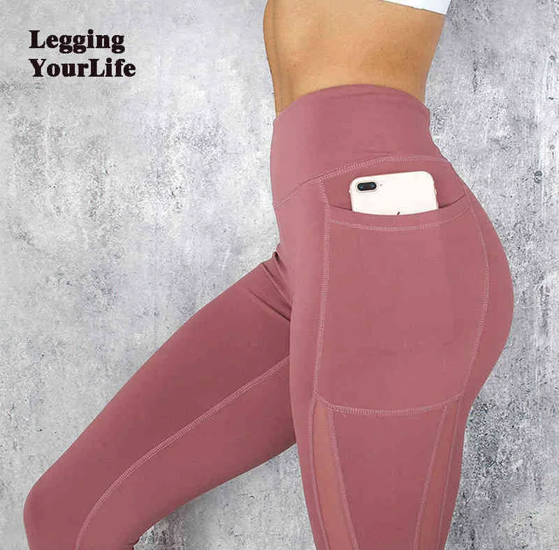 Leggings tascabili 2021 Pantaloni da yoga a vita alta Leggings da allenamento tinta unita Abbigliamento donna Leggins laterali in pizzo Mujer Sport Fitness H1221