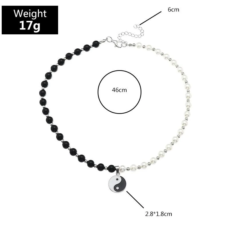 Halsband för kvinnor tidvatten hip-hop personlighet och vit pärlhänge yin yang tai chi bagua halsband kedja chokers280x