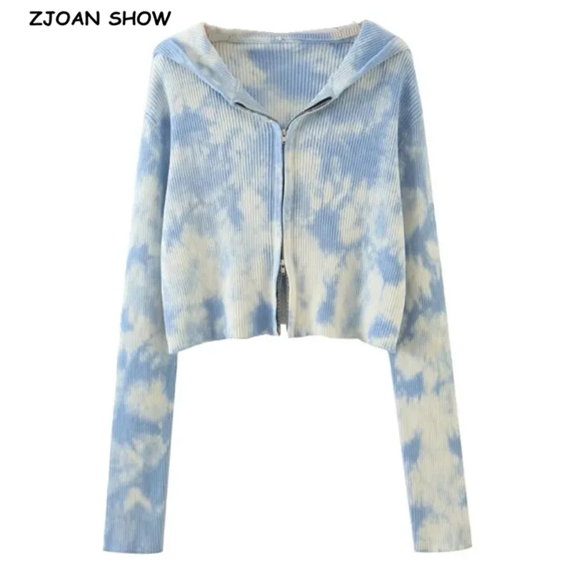 Women Gradient tie-dye Zipper Hooded Cropped Cardigan Sweater Vintage Knitted Exposed navel Short Knitwear Long sleeve Jumper 210429