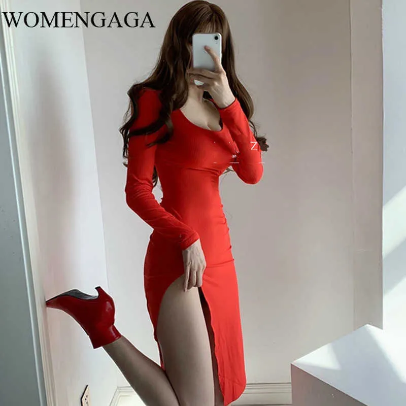 Womengaga uネックファッションの気質低胸部ハイウエストスリットセクシーな股関盤弾性フルスリーブ裸脚スプリットミニドレスOIY5 210603