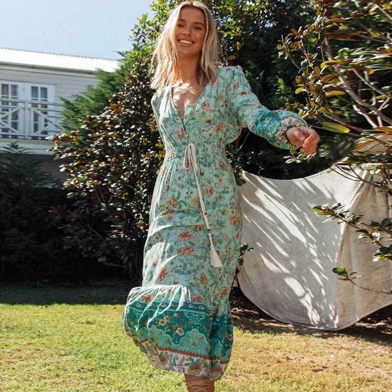 Turquoise V Neck Long Sleeve Bohemian Hippie Boho Maxi Dress For