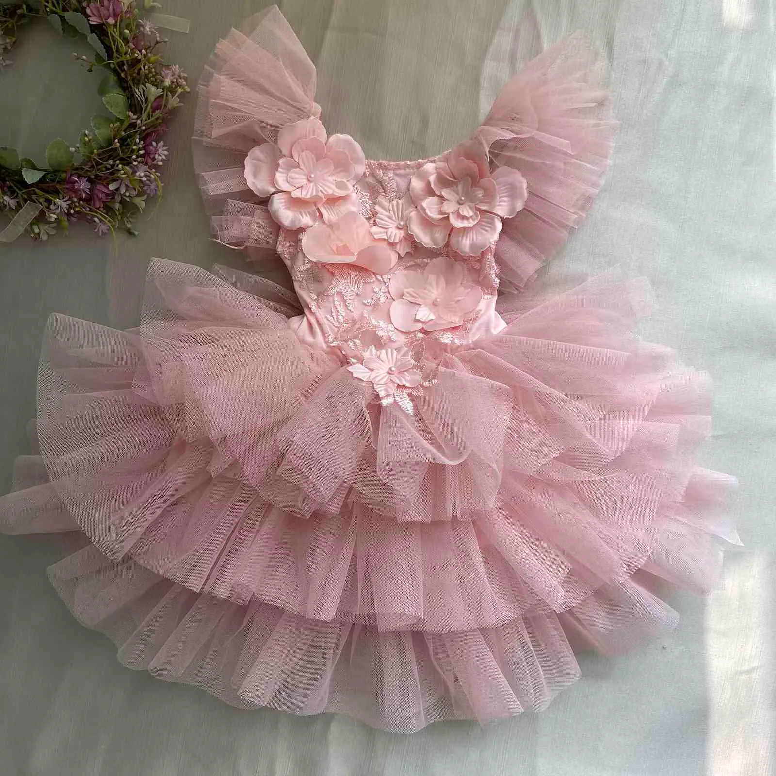 Abito da principessa per bambini rosa polvere per fiori da sposa, vestiti da boutique per ragazze a strati, bambina di 12 mesi 210529