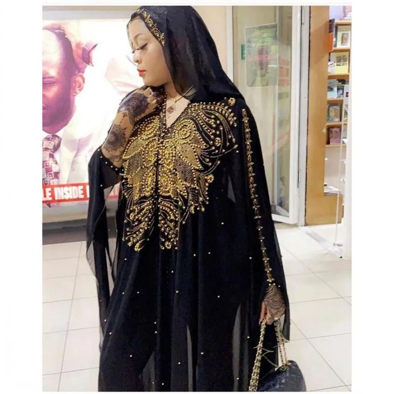 플러스 사이즈 아프리카 드레스 여성을위한 Dashiki 다이아몬드 비즈 옷 Abaya Dubai Robe 저녁 긴 이슬람 드레스 후드 케이프 민족 의류