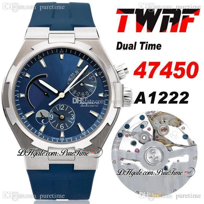 TWAF за рубежом Двойное время 47450 A1222 автоматическая мужская часы стальной корпус заповедник синяя текстура циферблат резиновый ремешок супер редакция часов PureTime D4