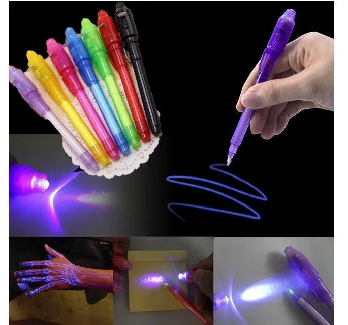 Grande cabeça luminosa luz caneta mágica roxo 2 em 1 UV preto luzes combo desenho de tinta invisível canetas aprendendo educação brinquedos para criança