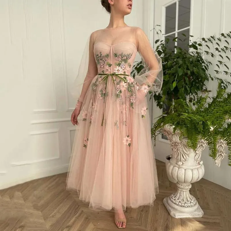 Comprimento de chá rosa vestidos de baile 2021 vestido de dama de honra de  renda com manga comprida sopro uma linha boho vestidos de festa de