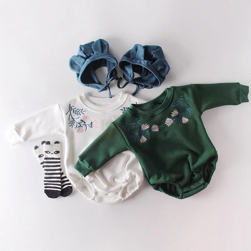 Autumn Winter Infant Baby Girls Rompers Clothes Bodysuit Embroider Long Sleeve Thicken 210429