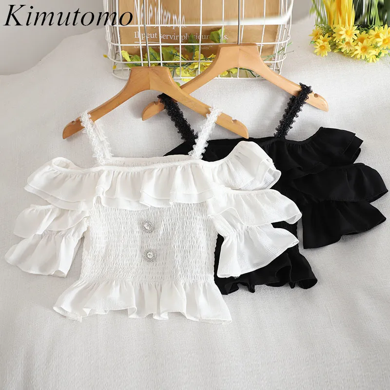 Kimutomo Sweet Ruffles Camicetta da donna Scollo a barchetta Stile francese con spalle scoperte Manica a sbuffo Camicia corta sottile Estate Top Donna 210521