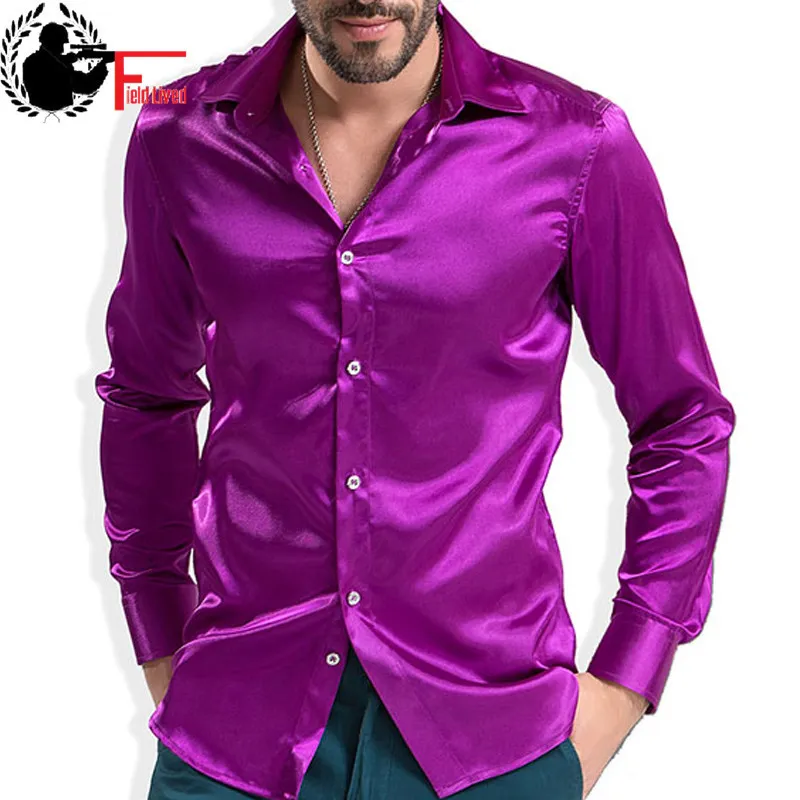 Moda brilhante cetim estilo britânico vestido camisa de seda luxo como manga longa mens casual camisa performance roupas desgaste masculino 210518