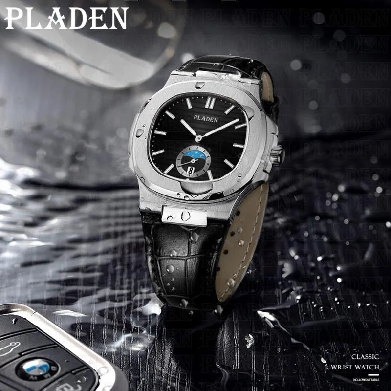 Relógios de quartzo para homens luxo Data automática Assista à prova d 'água de couro genuíno lua fase relogio masculino relógios de pulso