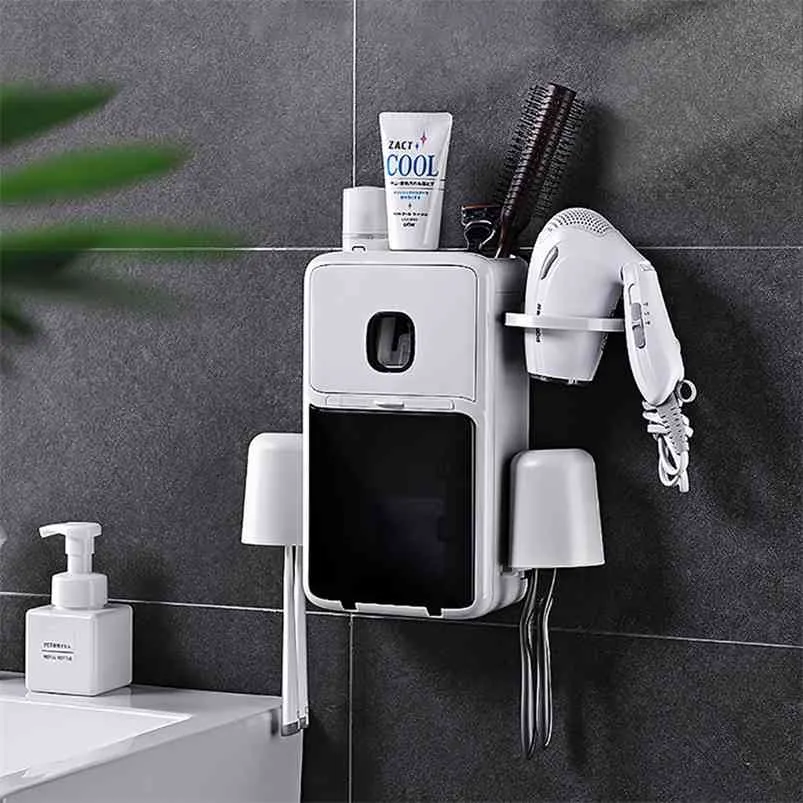 Multifunction Toothbrush Holder Automatic Toothpaste Dispenser Wall Mounted Bathroom Accessories Set Storage Rack 210423