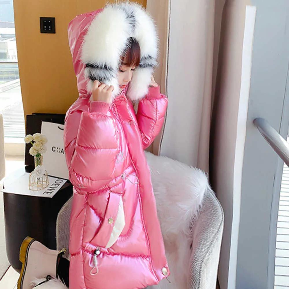 Vinter jackor för tjejer Parkas barns kappa Ytterkläder Casual Hooded Big Fur Collar Solid Ljus Vattentät Bomull Kläder H0910