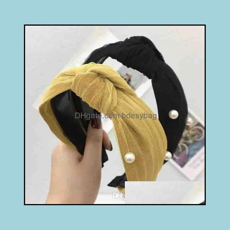 designer headbands Mesh lace pearl version of the wide side simple middle knotted headband female