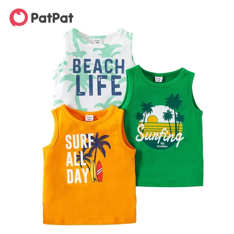 Summer 3-piece Toddler Boy Vacation Letter Coconut Tree Print Vests for 3-6Y Sleeveless Cotton T-Shirt Clothes 210528