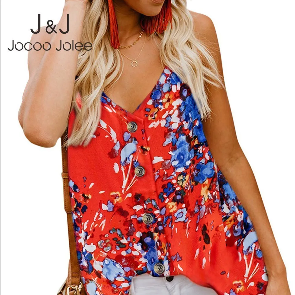Joloo jolee mulheres bohemian camis casual v neck floral cópia tanques feminino verão plus size solto colete tanque tops 210518