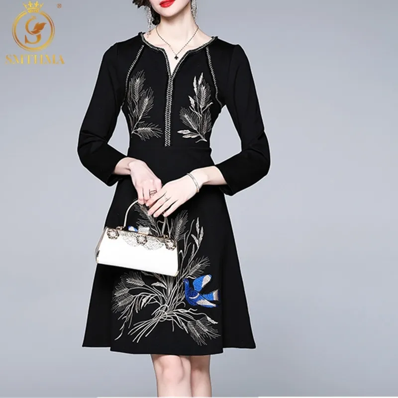 Primavera High-end Designer Runway Elegante Party Dress Mulheres Manga Longa Bordado Vintage Vestidos 210520