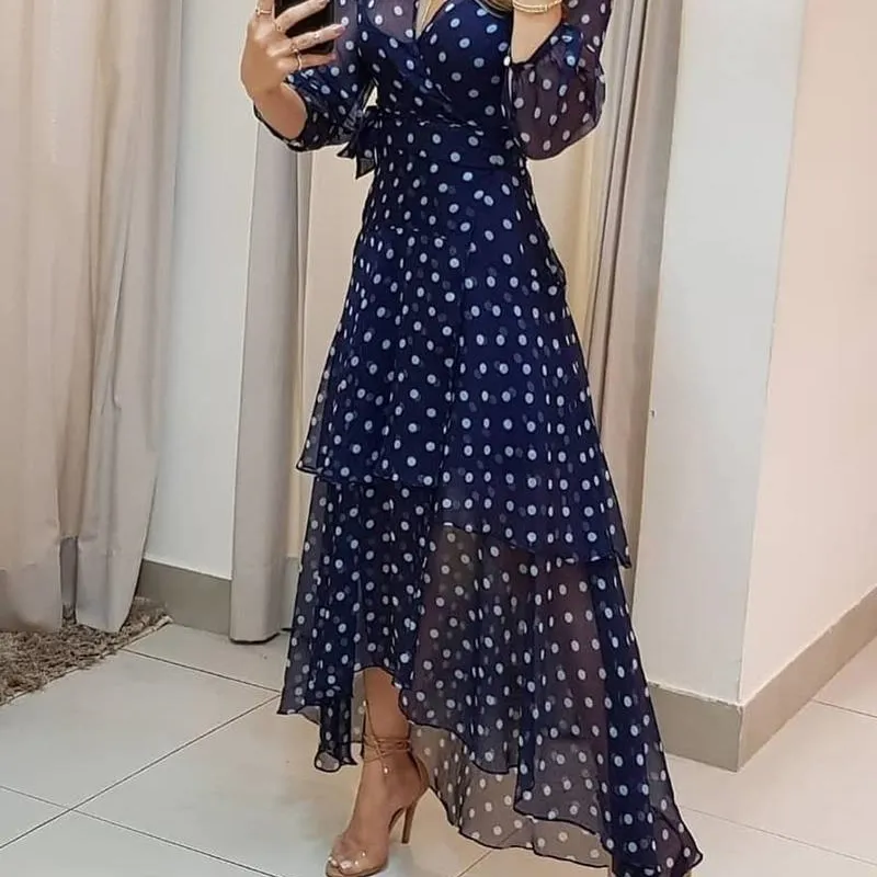 Women Elegant Polka Dot Maxi Dress V Neck Lace Up Ruffle Layered Long Party  Dress From Cong04, $20.19 In Bulk | DHgate.Com