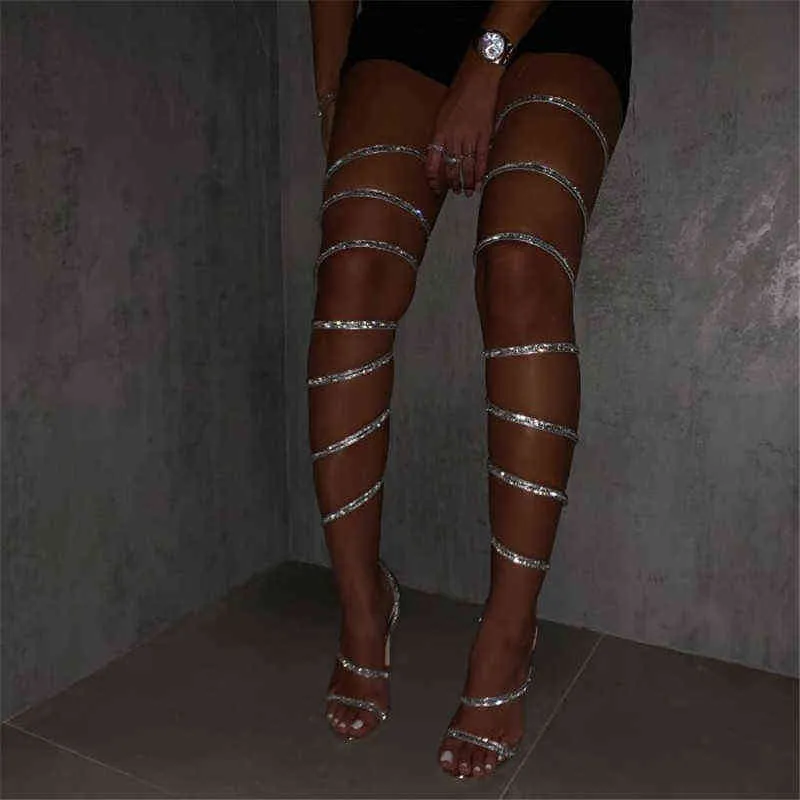 Fashion Rhinestone Strap Gladiator Sandals Women Crystal High Heels Party Strip Shoes Summer Peep Toe Thigh High Sandals Boots Y220211