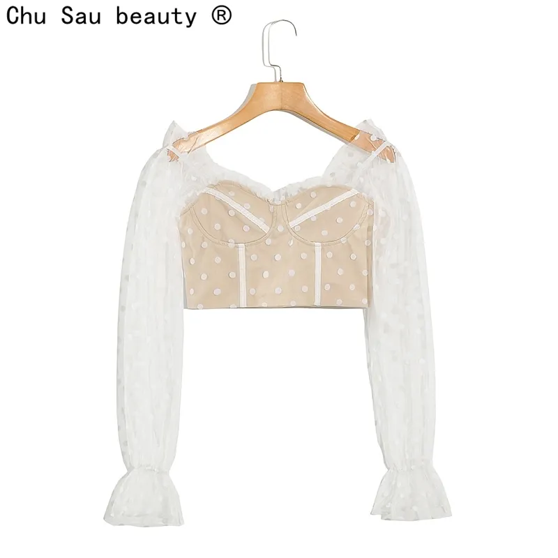 Summer Vintage Square Collar Lace Stitching Transparent Polka Dot Yarn Long Sleeve Pullover Shirt Women Crop Top Female 210508