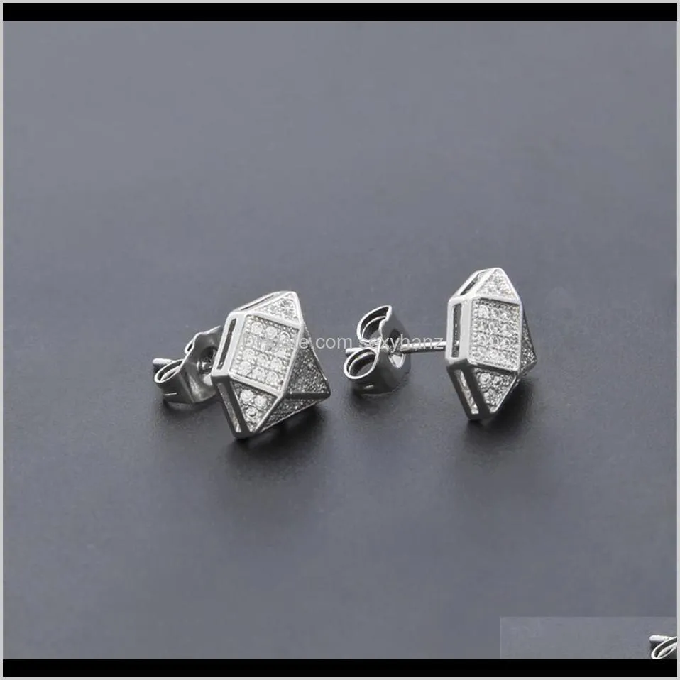 new men women fashion geometric shape lced out full zircon rhinestone crystal silver stud earrings hip hop jewelry